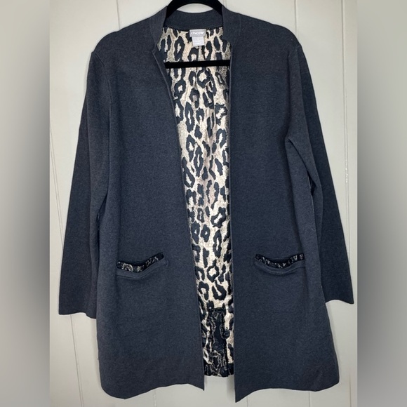 Chico’s Gray Knit Open Cardigan With Metallic Leopard Jacquard Back Size Medium - Picture 1 of 11